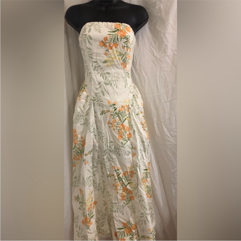 Strapless cream orange‎ floral smocked midi fit & flare midi dress size XS new